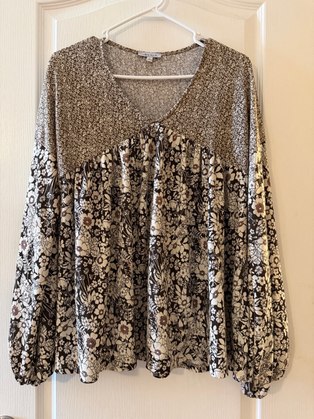 Floral Mixed-Print Blouse - Brown/Cream